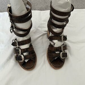 freebird Brown Strappy Buckle Heeled Gladiator Boots